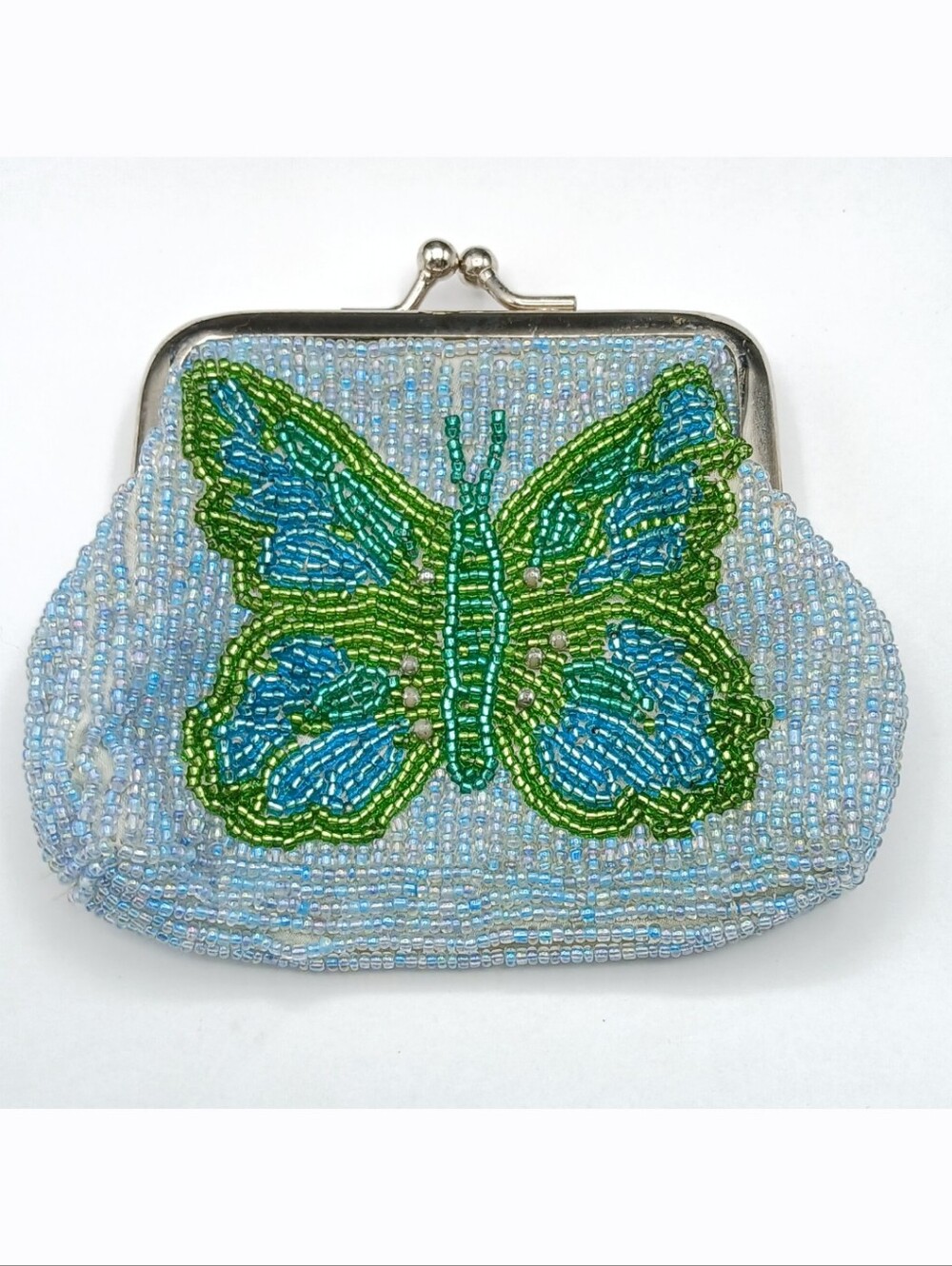 Blue Green Sead Bead Beaded Butterfly Small Coin Clutch Purse Pouch *READ*